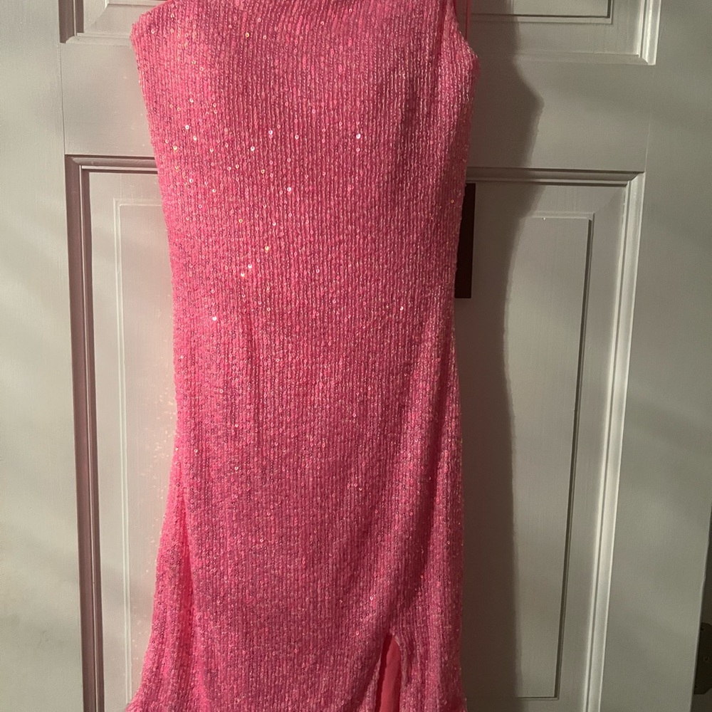 La Femme Hot Pink One Shoulder Sequin Dress